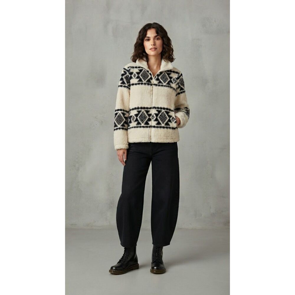 Lucky Brand Aztec Print Sherpa Full-Zip Fleece Cozy Boho Sweater Jacket S